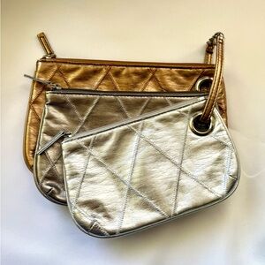 Bronze and silver clutch zip diamond stitch bags set of three different sizes